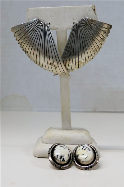 Sterling Silver Fan Shaped Earrings and Sterling Silver Native American Earrings Signed AB -With Black and White Stones