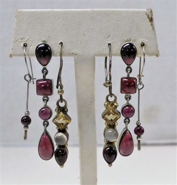3 Pair Sterling Silver Dangle Earrings With Pink and Mauve Colored Stones