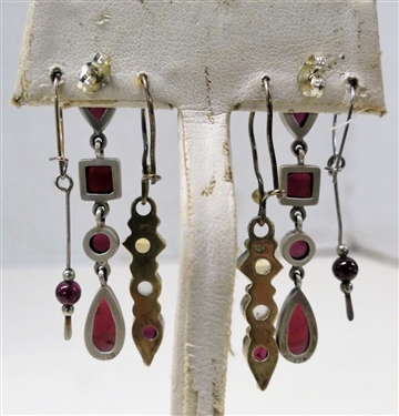 3 Pair Sterling Silver Dangle Earrings With Pink and Mauve Colored Stones