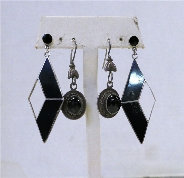 Sterling Silver Earrings with Black and White Enamel and Pair of Sterling Silver and Black Onyx Earrings