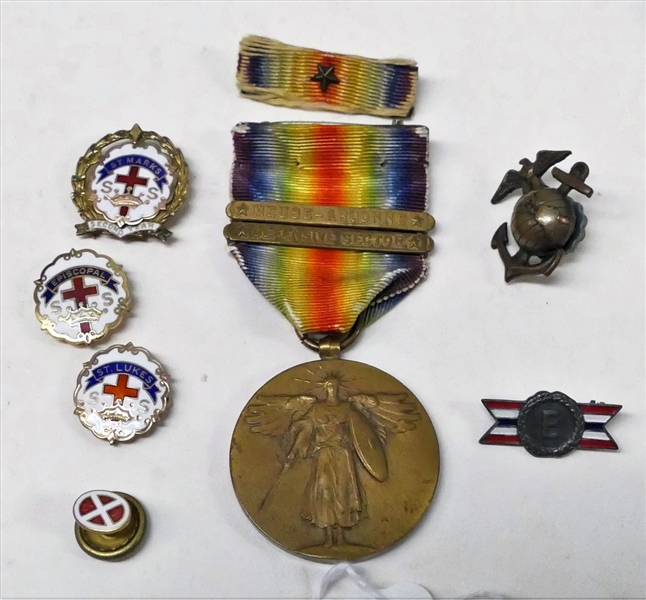 World War I Victory Medal With Original Ribbon Bar, Marine Corps Pin, Navy/Army Production Medal, 3 Religious Pins, and Theta Chi Fraternity Pin