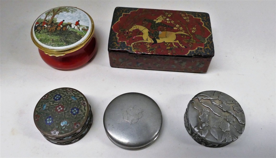 Lot of Trinket Boxes including Kingsley Enamel with Fox Hunt Scene, Cloisonne Box with Mirror, Royal Brittania Pewter Box, Made in Persia Lacquer Box, and Eastern Pewter Box