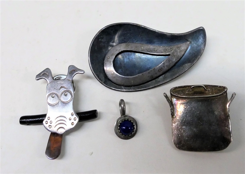 3 Sterling Silver Pins-Dog, Cooking Pot, Abstract Design, and Native American Pendant