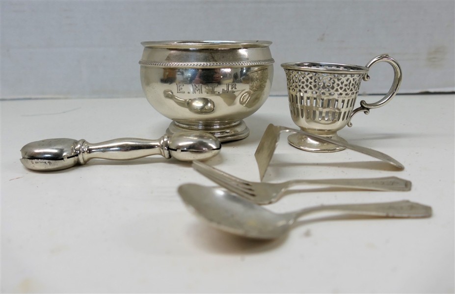 Lot of Monogrammed Sterling Silver Items including Sterling Silver Childs Cup, Baby Rattle, Fork and Spoon, Baby Food Pusher and Sterling Tea Cup Frame -Weight 179.8 Grams