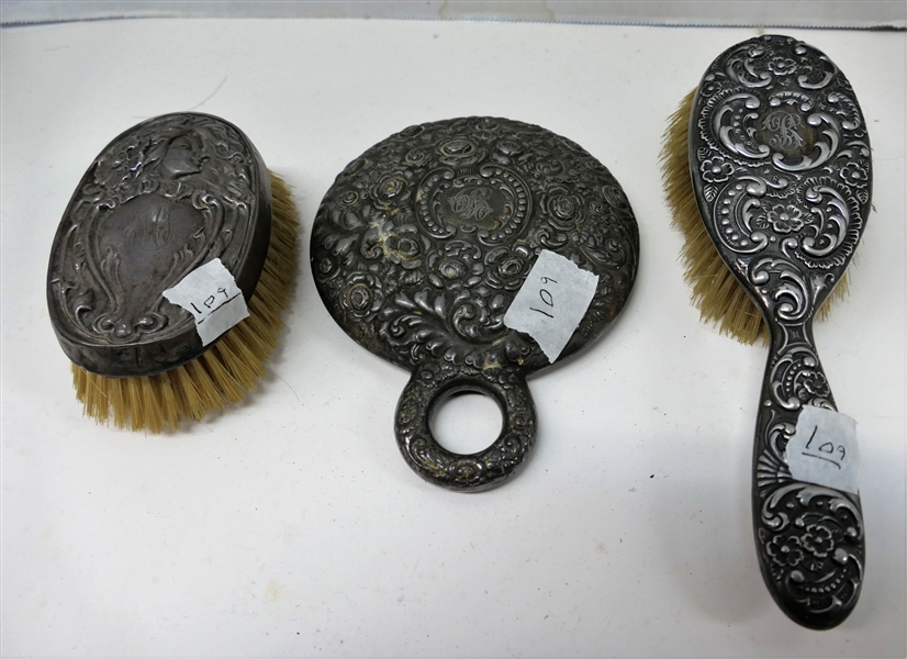 2 Sterling Silver Brushes and Sterling Silver Hand Mirror - All Monogramed 