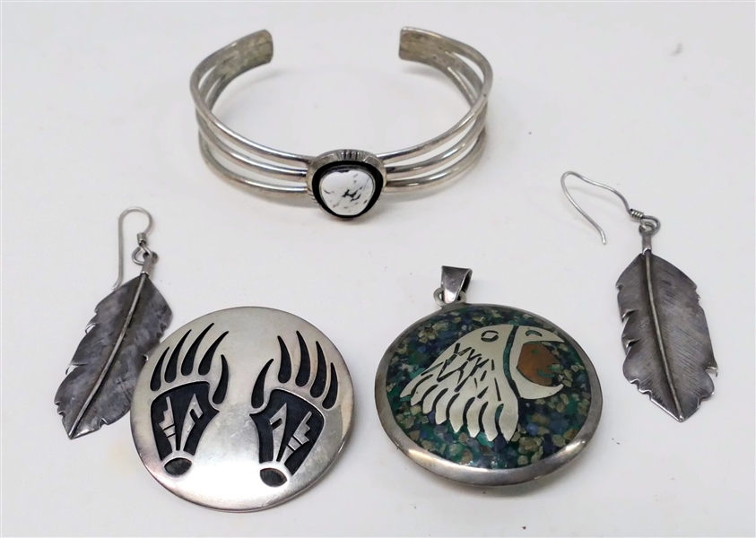 Native American Sterling Silver Bracelet with Black and White Stone, Sterling Silver Feather Earrings, Sterling Silver Bear Claw Pin, Sterling Silver South American Indian Pendent with Blacksmith 
