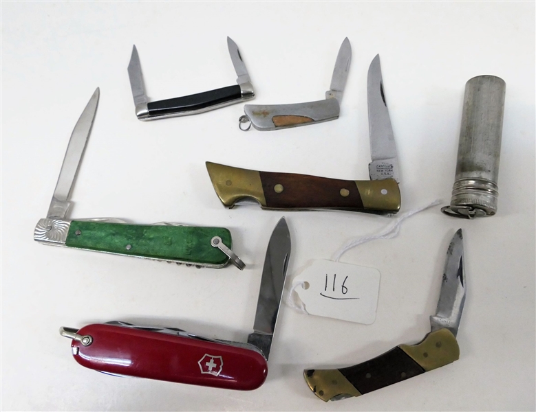 Lot of Knives including One Swiss Army Knife, One Camillus Knife, One Boy scout Match Holder Kit, 4 Other Miscellaneous Pocket Knives