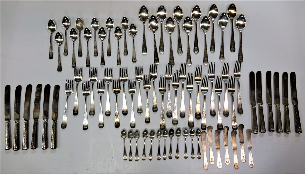 Incredible Early 1900s Set of Kalo Sterling Silver "T" Flatware - Hand Hammered / Wrought Sterling Silver with Applied "T"  12 - 6 Piece Place Settings  - Plus 7 Butter Knives  -- Dinner Knives...
