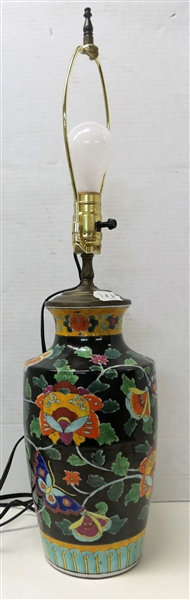 Beautiful Japanese Vase Style Lamp with Colorful Butterfly and Floral Decoration -NO SHADE-Measures 24 1/2" tall