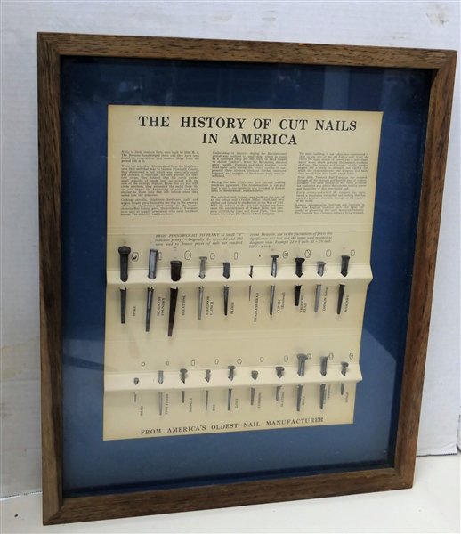 History of Cut Nails In America Framed-with Examples of Each Nail - Frame Measures 19" by 16"