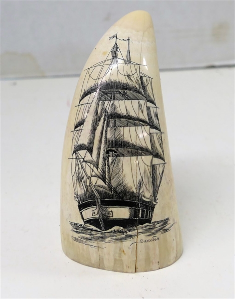 Authentic Horn Scrimshaw with Sailing Ship Design Signed Barino - Has Crack - Measuring 4" Tall 