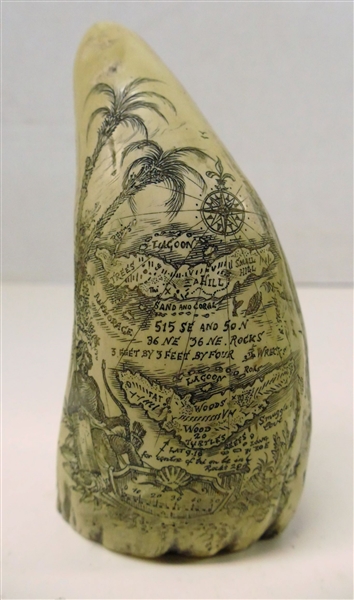 Replica Scrimshaw with Intricate Map and Scene - Measuring 5 1/2" Tall 