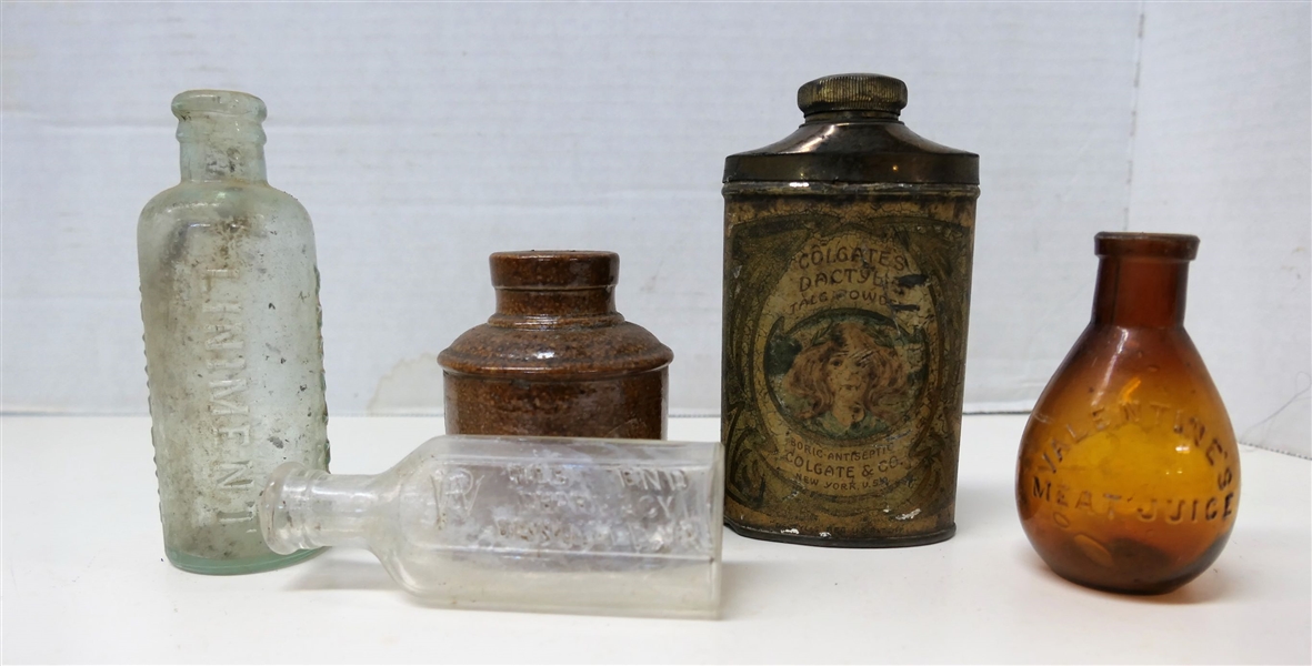 Lot of Pharmaceutical Bottles and Pottery Inkwell -Tin Colgates Talc Powder, West End Pharmacy Danville, VA, Johnsons American Anodyne Liniment, Valentines Meat Juice - Tallest is Tin at 4 1/2"
