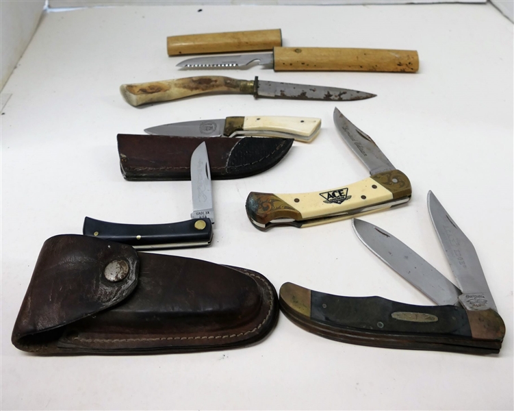 Lot of 6 Knives Including Case XX Sodbuster Jr; Schrade Ace Hardware 60th Anniversary; Craftsman; 3 Fixed Blade Knives-Some Knives With Rust, See Photos
