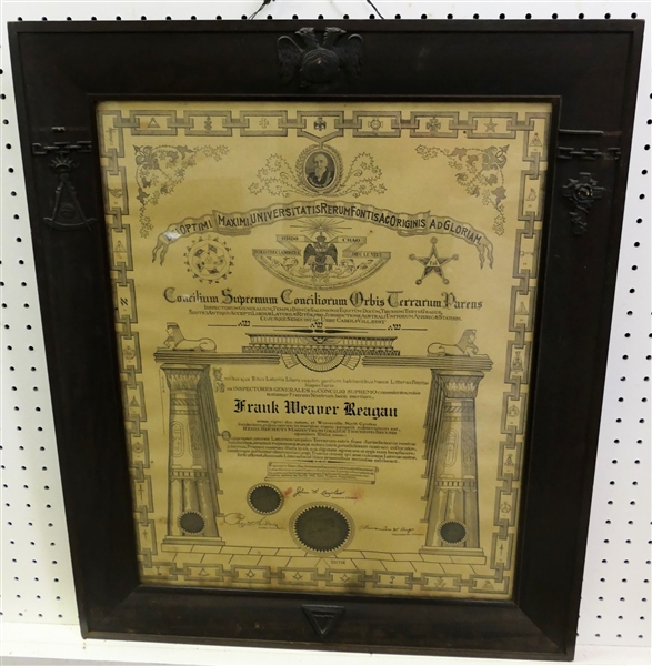 Framed Masonic Document in Framed with Applied Masonic Symbols - Some Decoration Pieces Missing - See Photos - Frame Measures 28 1/2" by 23 1/4"