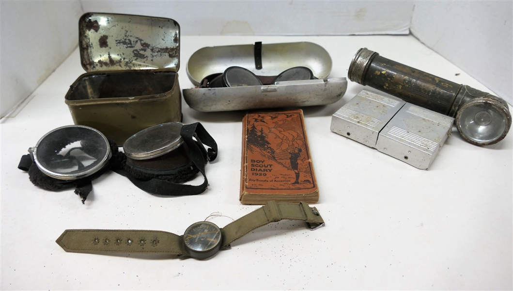 Antique Wilson Goggles in Original Box, WWII Waltham Wrist Compass, Boy Scout Diary - 1929, Flash Light, and Boy Scout Box