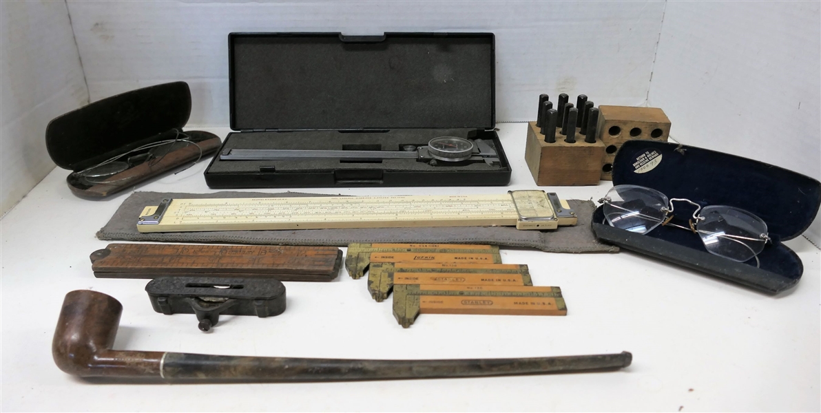 Micrometer, Slide rule, Stanley Level from 1800s, Glasses, Pipe, Punch Set