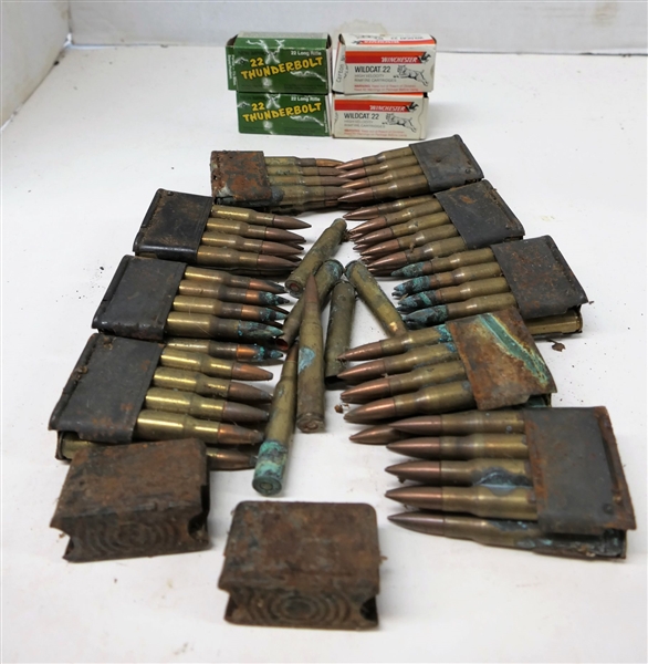 9 M1 Garand World War 2 Bullets with Original Bandoleer Clips, 2 Empty Clips, 4 Boxes of 22 caliber, One Box 22 Mangum Missing one bullet