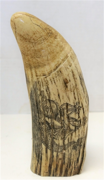 Replica Whale Tooth Scrimshaw with Whale Hunters Prayer - Heavily Engraved Measuring 6 1/2" Tall 