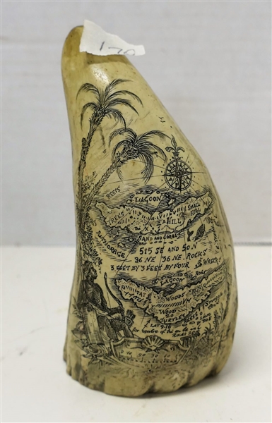 Replica Scrimshaw with Intricately Engraved Island Map - Measuring - 5 3/4" Tall 