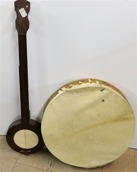 Walnut Handmade Banjo - Missing One String Peg, and Handheld Drum With Painted Birds - Skin Is Detaching From Wood Band - See Photo