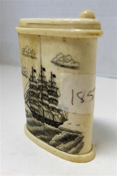 Authentic Bone Scrimshaw Puzzle Box with Ships and Clouds  - Measuring 3 1/2" tall 