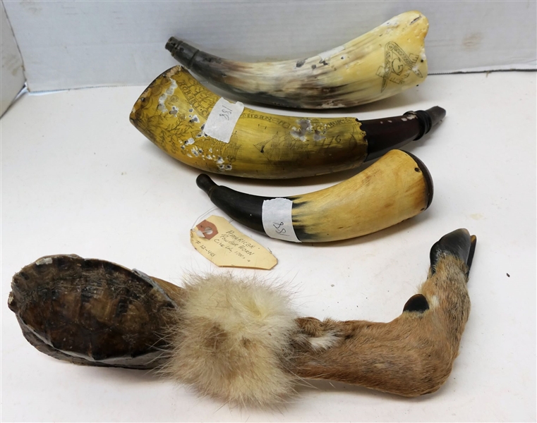 Deer and Turtle Medicine Man Rattle, and 3 Powder Horns-One with Masonic Symbol - End Cap Signed "Oct. 4th. C.E. Aldrich 1776"  - Masonic Horn Measures 10" Long