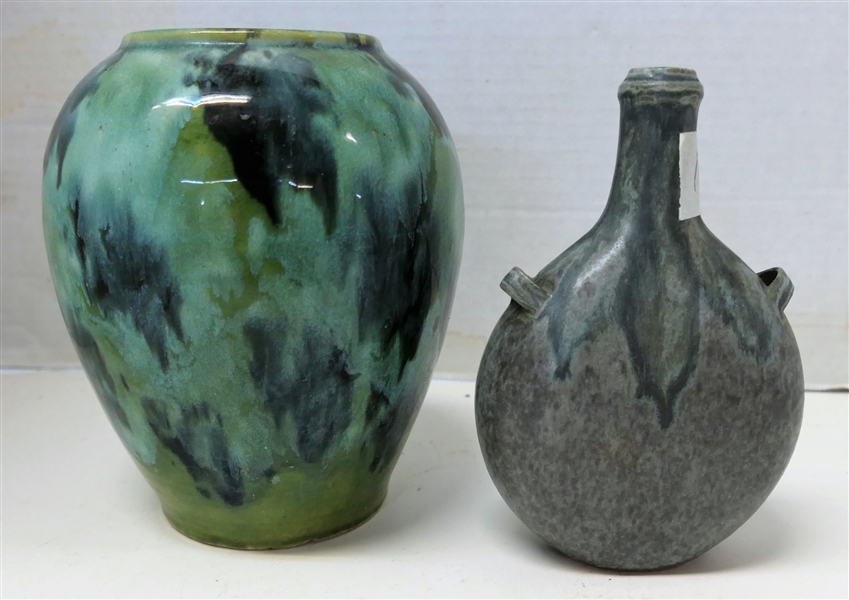 Art Pottery Flask with Handles (Small Chip on Lip) Measures 6" tall and Art Pottery Vase Measures 6 1/2" tall