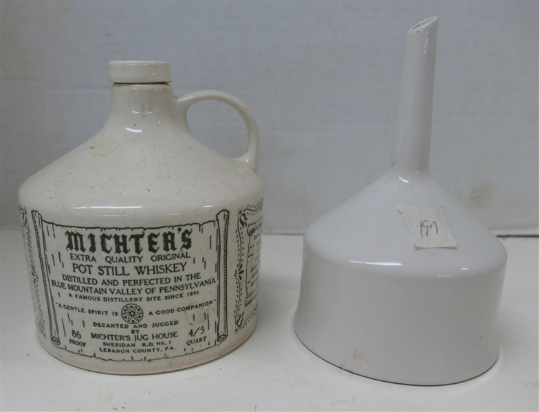 Coors USA Ceramic Funnel; Michters Extra Quality Original Pot Still Whisky Jug with Top Made in the USA #153 - Jug Measures 6" Tall 