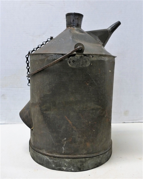C & NE RY - Galvanized Oil Can - Some Dents - by Johnson Urbana, O. - With Cork Stopper and Chain - Measures 13" tall 