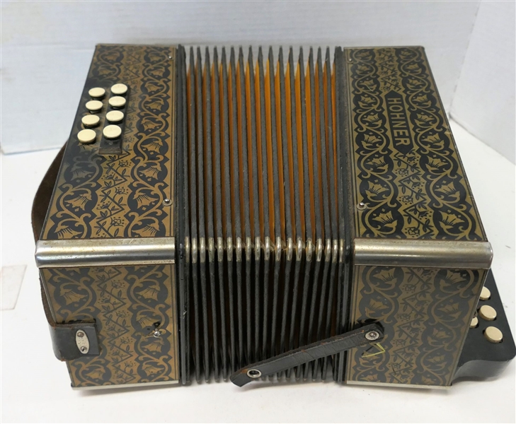 Smaller Hohner Accordion - Works, Buttons All Function, Leather Straps Intact - Good Gold Paint - Measures 6" Tall 11" by 9" 