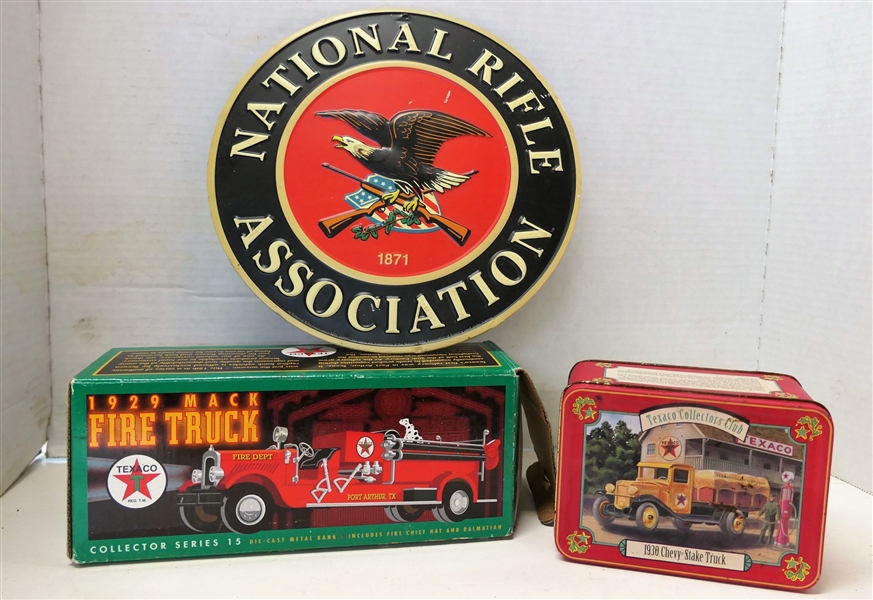 Texaco 1930 Chevy Stake Truck, Texaco 1929 Mack Fire Truck, and Modern National Rifle Association Sign - Measuring 10" Across