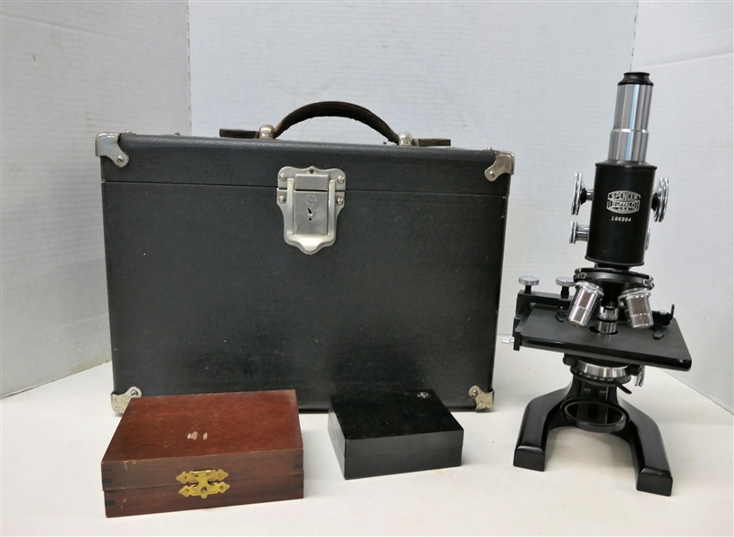 Spencer Buffalo USA - Single Lens Microscope - Number 166304 - 3 Lenses 1.8, 4, and 16- In Fitted Case with Extra Eye Piece, Glass Slides, and Plastic Tubes - Williams, Brown, & Earle Inc. Phila....