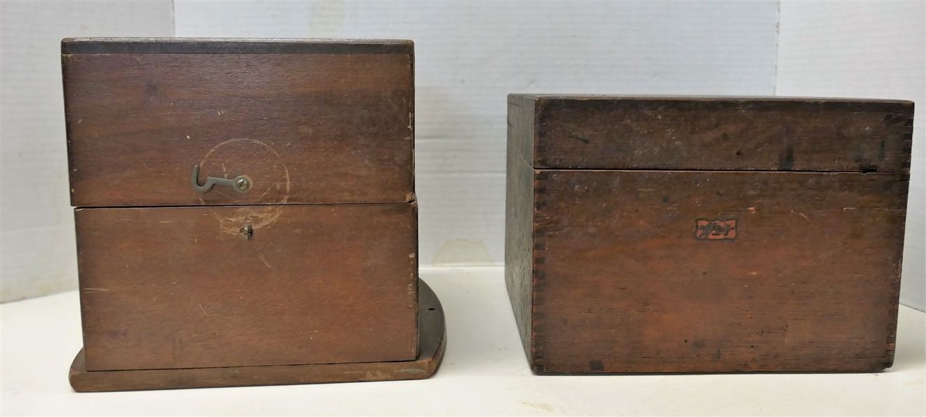 2 Wooden Boxes - 1 Blue Felt Lined with Metal Scope Part Inside and Other Weis Card Filing Box - With Metal Track Inside - Filing Box Measures 6 1/2" tall 9" by 8 1/2"