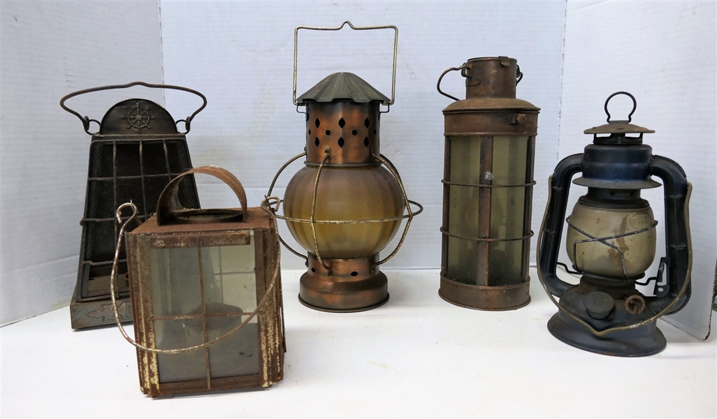 5 Metal Lanterns including Blue Dietz Lantern with Original Dietz Globe and 4 Decorative Candle Lanterns - Copper Colored Measures 12" tall, Blue Dietz Measures 9" 