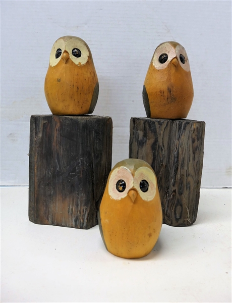 3 Hand Painted Wood Carved Owls - 2 On Logs Measure 11" Tall - Smaller Measures 4"