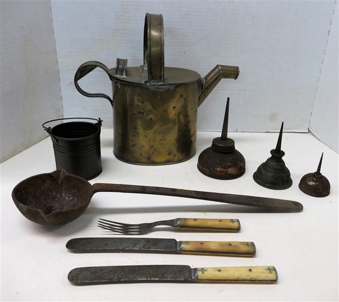 Lot of Metalware including Brass Watering Can, Oil Cans, Iron Dipper, Civil War Flatware and Miniature Bucket - Brass Can Measures 6 1/2" Tall without Handle 
