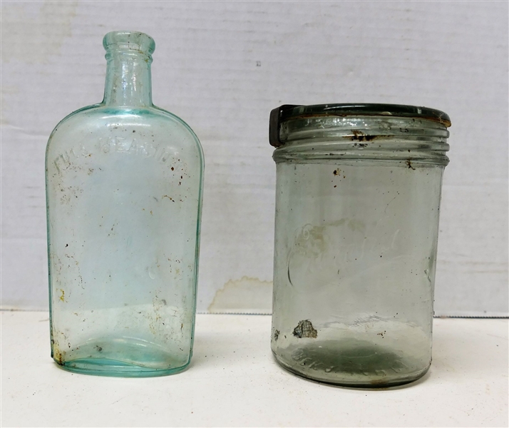 Eureka Jar Co. Boston Mass - Pint Jar with Glass Lid with Metal Band and Full Measure Glass Flask - Measuring 6 1/2" Tall
