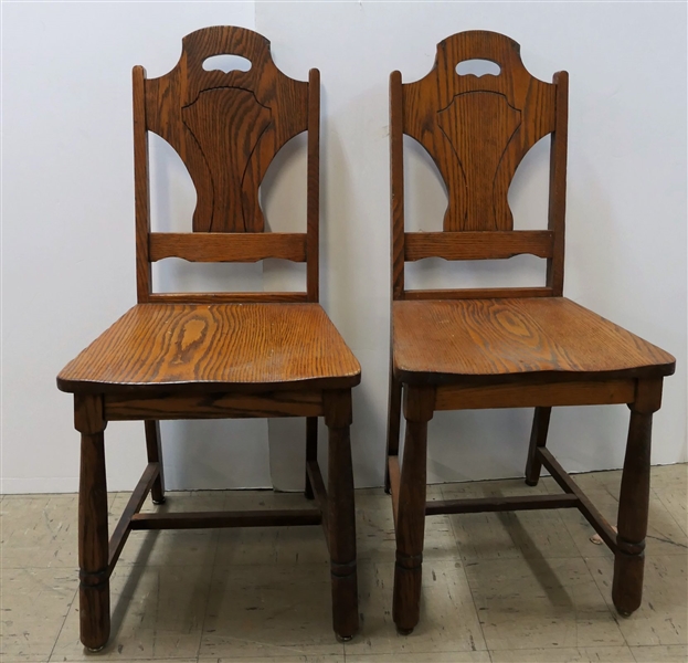 Pair of Sturdy Oak Side Chairs with Carved Back - Solid Bottoms  