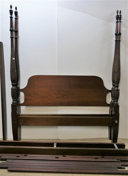 Nice Mahogany Rice Carved Queen Sized Poster Bed with Canopy - ( Pictured Without Canopy Attached) Wood Rails - Bolts Together - With Queen Sized Bedding (Not Pictured) One Post Has Minor Damage -...