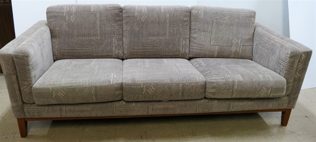 Very Nice Clean Modern Sofa by KSL Manufacturing - Canada  - Greenish / Beige in Color - Wood Legs and Frame - Measures 83" Long 32" Deep 