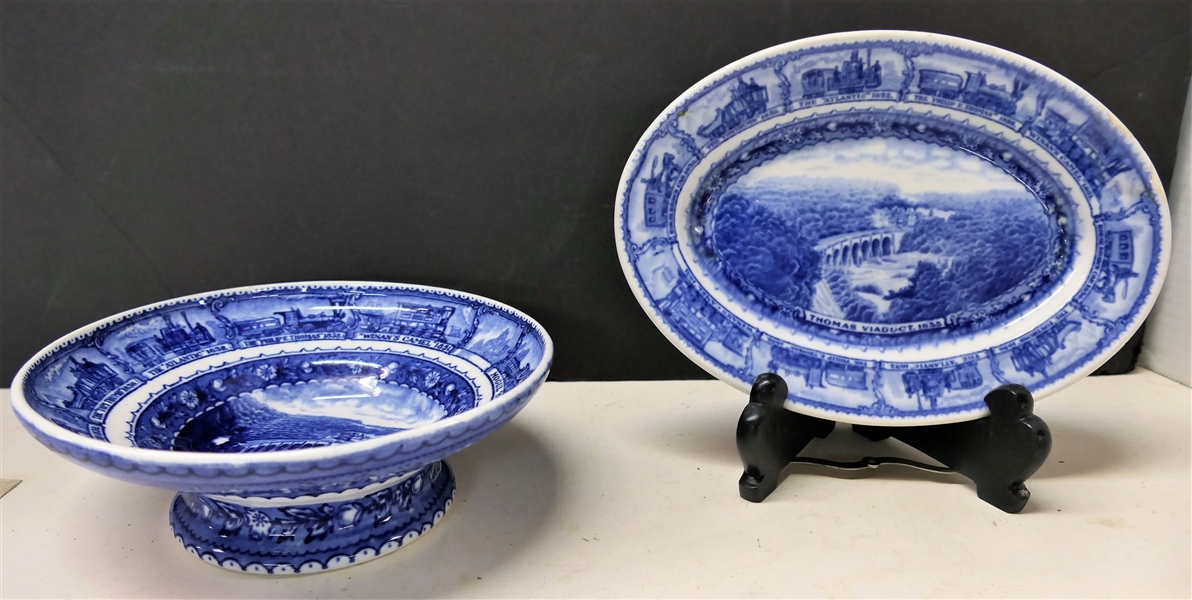 1827 - 1927 Baltimore and Ohio Railroad China by Lamberton - "Thomas Viaduct" 6 1/2" Compote and 8 1/4" Platter - Platter Has Some Repair on Outer Edge