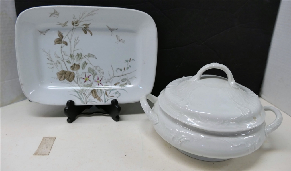 Rosenthal "Sanssougi" Covered Dish - 7" Across and Alfred Meakin Ironstone Platter with Birds and Flowers - Measuring 10 1/2" by 7 1/2"