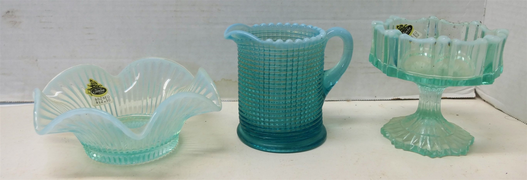 3 Pieces of Blue Opalescent - Fenton 7" Ribbed Bowl with Original Sticker, Fenton 4" Compote with Original Sticker, and 4" Pitcher