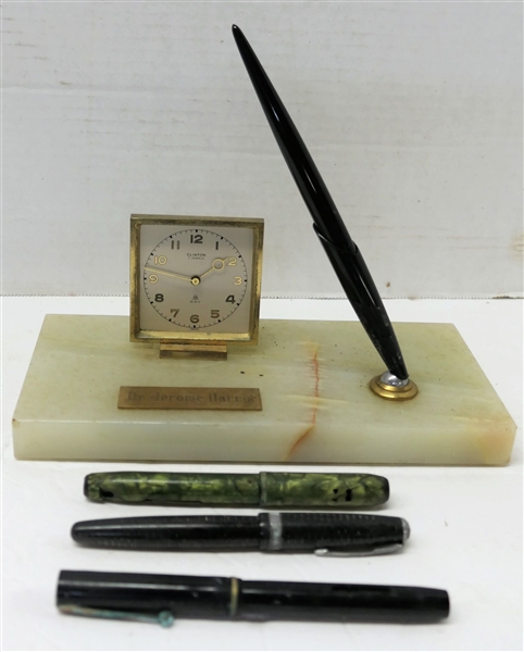 3 Fountain Pens including Parker, Black Shaeffer Pen - Damage to Case - 14kt Gold Nib, Damaged Green Iroquois, and Fountain Pen in Onyx Holder with Clinton 7 Jewel 8 Day Clock 