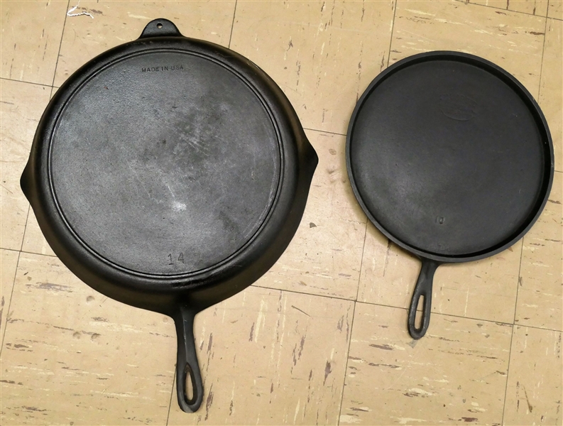 Made in USA Number 14 Cast Iron Frying Pan and Favorite Piqua Ware Cast Iron Griddle - # 10 -Measures 12" Across Both Clean Ready to Cook In