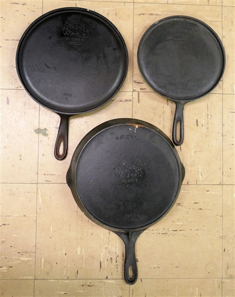 3 Wagner Ware Sidney - 0 - Cast Iron Pans - 1109 B Griddle 10 1/2", 1107 B 9" Griddle, and National 1359F Pan 10" Across - Clean Ready To Cook In 