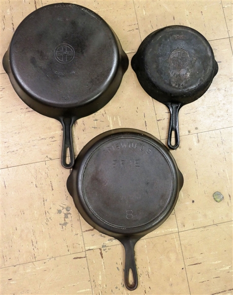 3 Griswold Cast Iron Frying Pans - Griswold Erie 704H - 8, No. 9 - 710, and No. 5 724