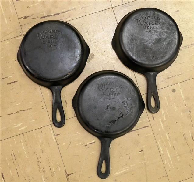 3 Wagner Ware Sidney - 0- Cast Iron Frying Pans 1053, 10537, and 1053J - Clean 