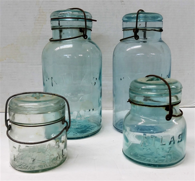4 Blue Atlas EZ- Seal Jars with Glass Lids - 2 Half Gallon, 1 Pint, and 1 Half Pint 